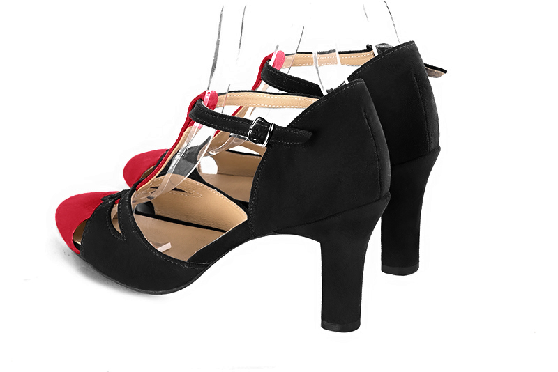 Cardinal red and matt black women's T-strap open side shoes. Round toe. High kitten heels. Rear view - Florence KOOIJMAN